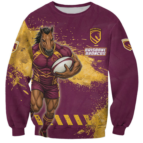 Personalised Brisbane Broncos Rugby Sweatshirt Bronx Mascot Grunge Maroon Gold - Sporty Splash Art Style
