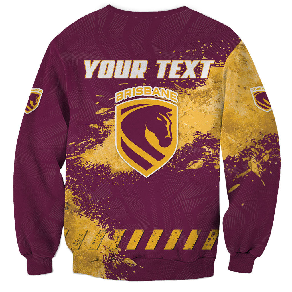 Personalised Brisbane Broncos Rugby Sweatshirt Bronx Mascot Grunge Maroon Gold - Sporty Splash Art Style