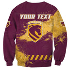 Personalised Brisbane Broncos Rugby Sweatshirt Bronx Mascot Grunge Maroon Gold - Sporty Splash Art Style