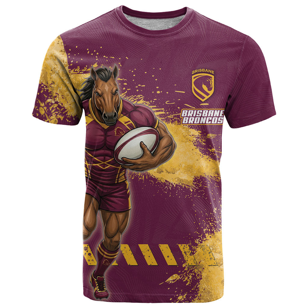 Personalised Brisbane Broncos Rugby T Shirt Bronx Mascot Grunge Maroon Gold - Sporty Splash Art Style