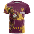 Personalised Brisbane Broncos Rugby T Shirt Bronx Mascot Grunge Maroon Gold - Sporty Splash Art Style