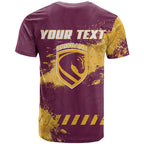 Personalised Brisbane Broncos Rugby T Shirt Bronx Mascot Grunge Maroon Gold - Sporty Splash Art Style