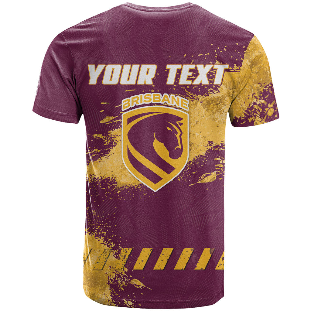 Personalised Brisbane Broncos Rugby T Shirt Bronx Mascot Grunge Maroon Gold - Sporty Splash Art Style