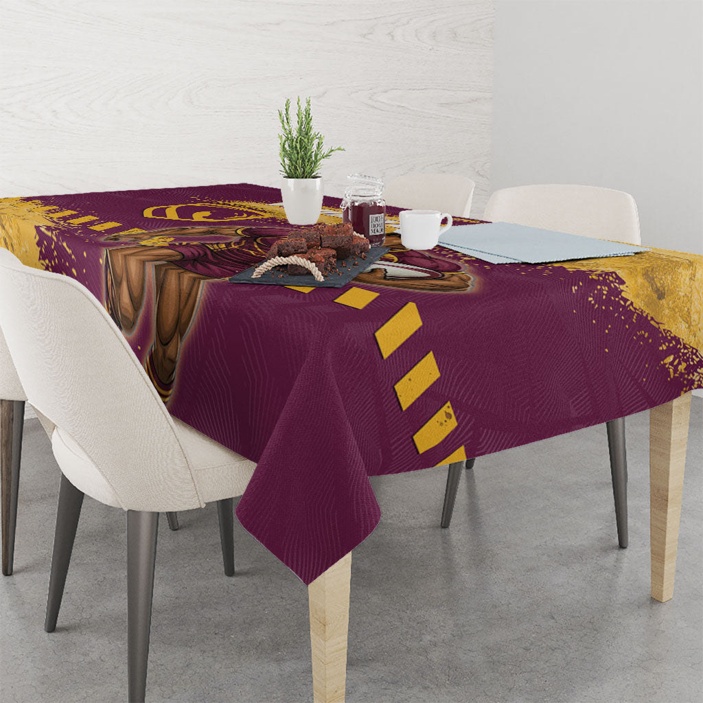 Personalised Brisbane Broncos Rugby Tablecloth Bronx Mascot Grunge Maroon Gold - Sporty Splash Art Style