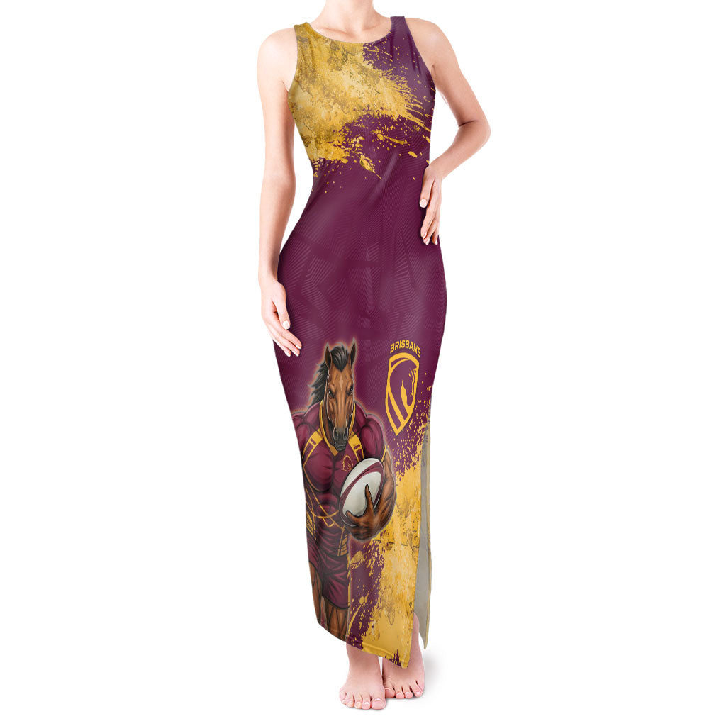 Personalised Brisbane Broncos Rugby Tank Maxi Dress Bronx Mascot Grunge Maroon Gold - Sporty Splash Art Style