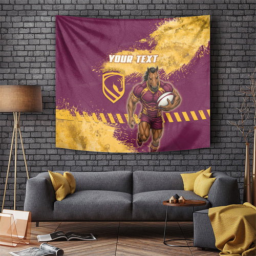 Personalised Brisbane Broncos Rugby Tapestry Bronx Mascot Grunge Maroon Gold - Sporty Splash Art Style