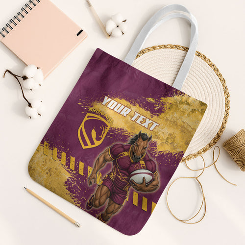 Personalised Brisbane Broncos Rugby Tote Bag Bronx Mascot Grunge Maroon Gold - Sporty Splash Art Style