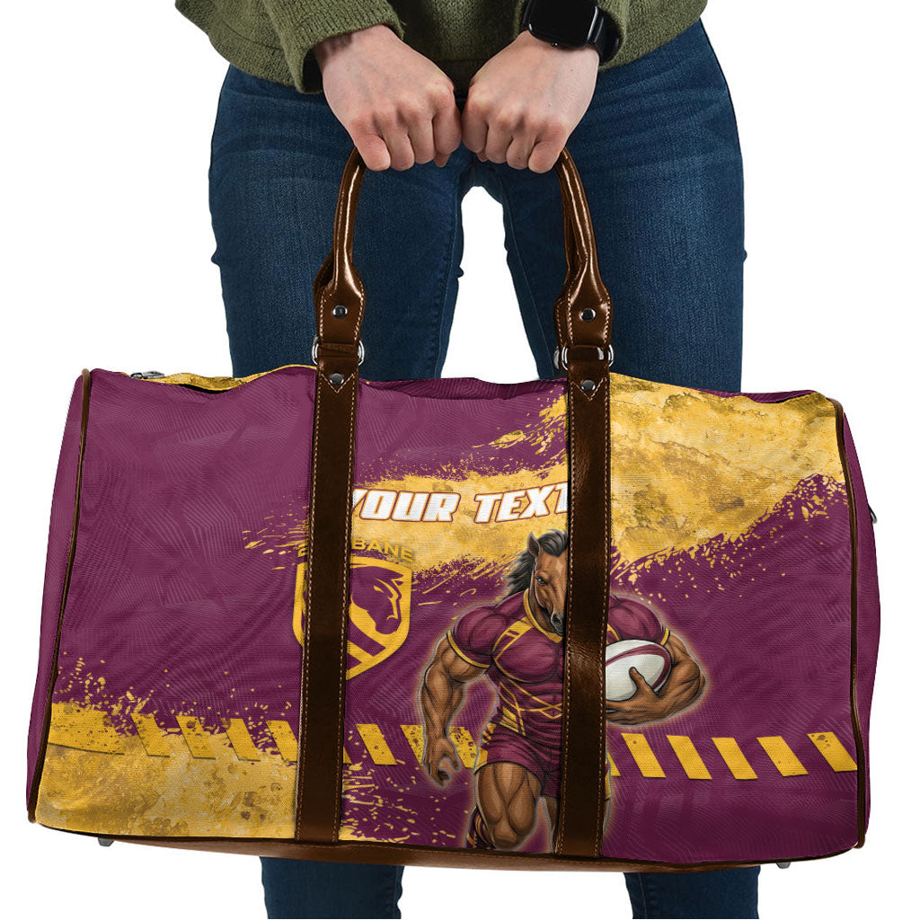 Personalised Brisbane Broncos Rugby Travel Bag Bronx Mascot Grunge Maroon Gold - Sporty Splash Art Style