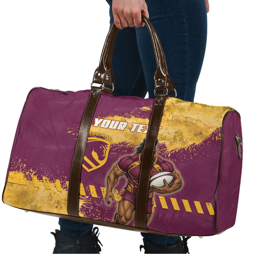 Personalised Brisbane Broncos Rugby Travel Bag Bronx Mascot Grunge Maroon Gold - Sporty Splash Art Style