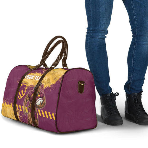 Personalised Brisbane Broncos Rugby Travel Bag Bronx Mascot Grunge Maroon Gold - Sporty Splash Art Style