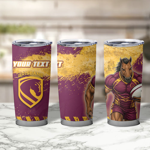 Personalised Brisbane Broncos Rugby Tumbler Cup Bronx Mascot Grunge Maroon Gold - Sporty Splash Art Style