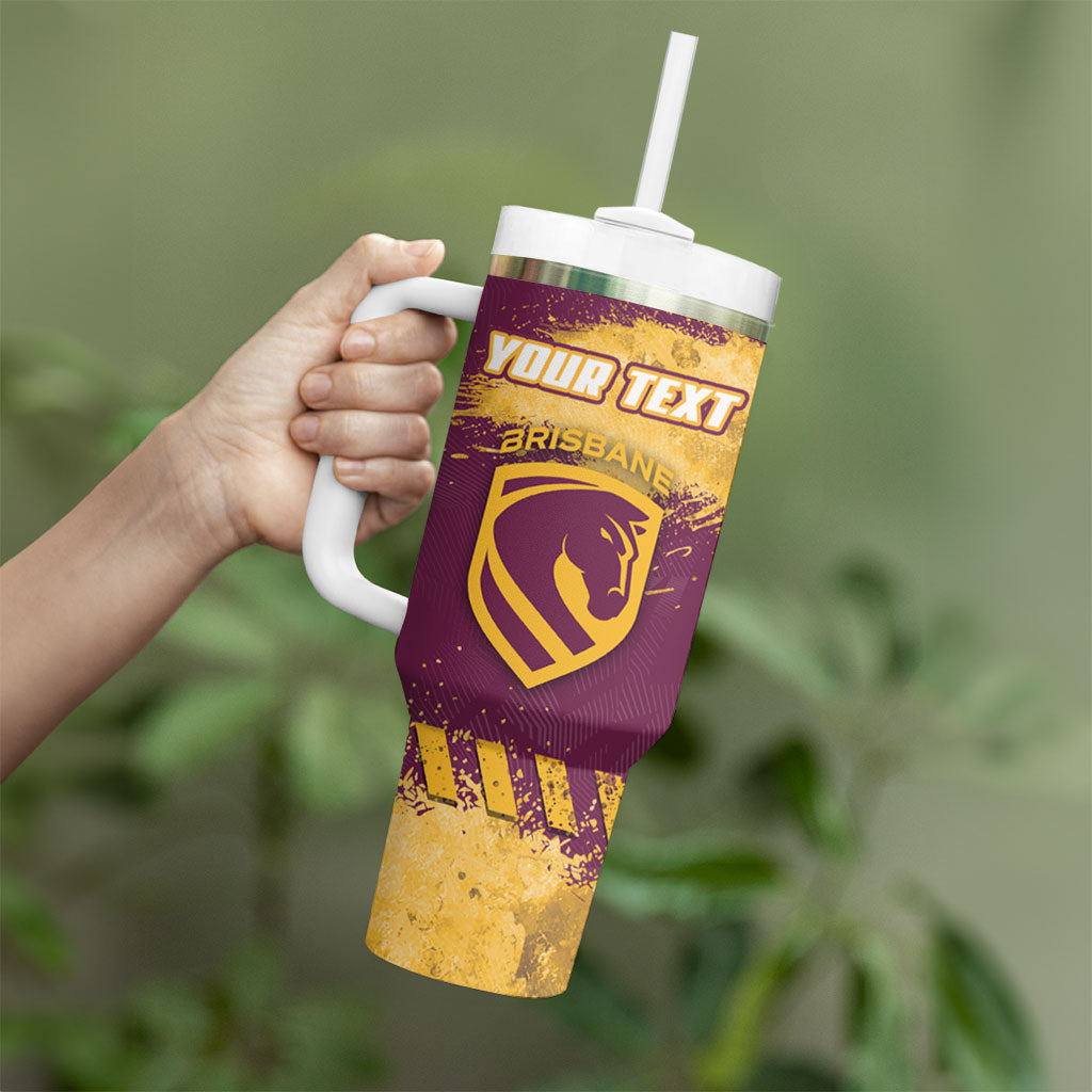Personalised Brisbane Broncos Rugby Tumbler With Handle Bronx Mascot Grunge Maroon Gold - Sporty Splash Art Style