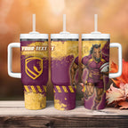 Personalised Brisbane Broncos Rugby Tumbler With Handle Bronx Mascot Grunge Maroon Gold - Sporty Splash Art Style