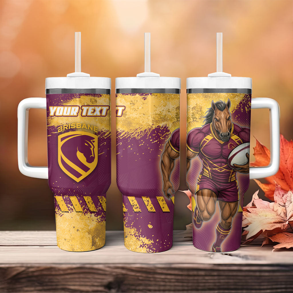 Personalised Brisbane Broncos Rugby Tumbler With Handle Bronx Mascot Grunge Maroon Gold - Sporty Splash Art Style