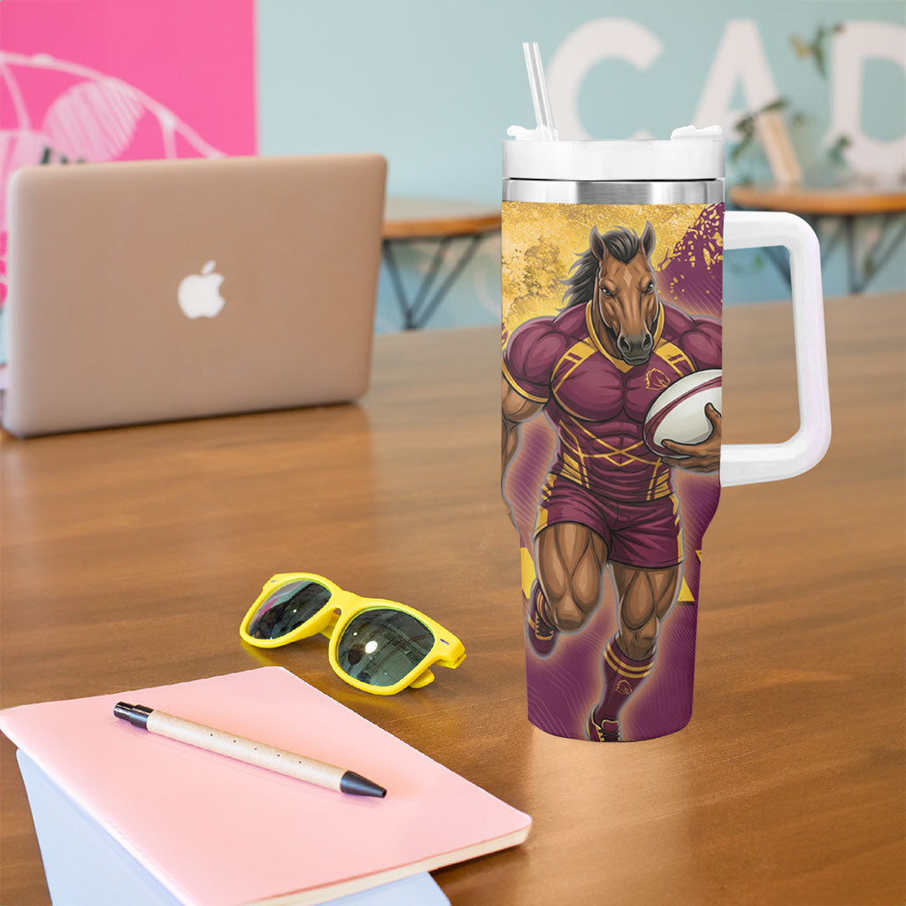 Personalised Brisbane Broncos Rugby Tumbler With Handle Bronx Mascot Grunge Maroon Gold - Sporty Splash Art Style