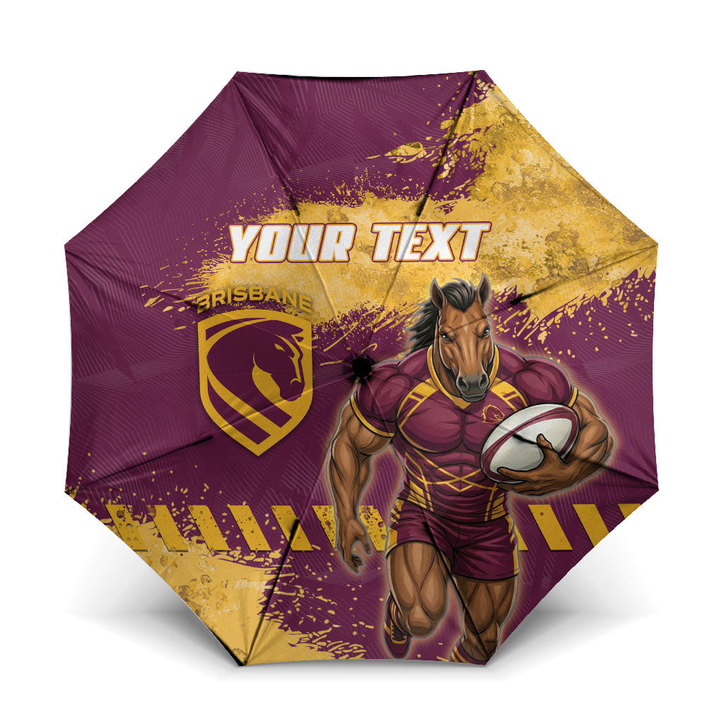 Personalised Brisbane Broncos Rugby Umbrella Bronx Mascot Grunge Maroon Gold - Sporty Splash Art Style