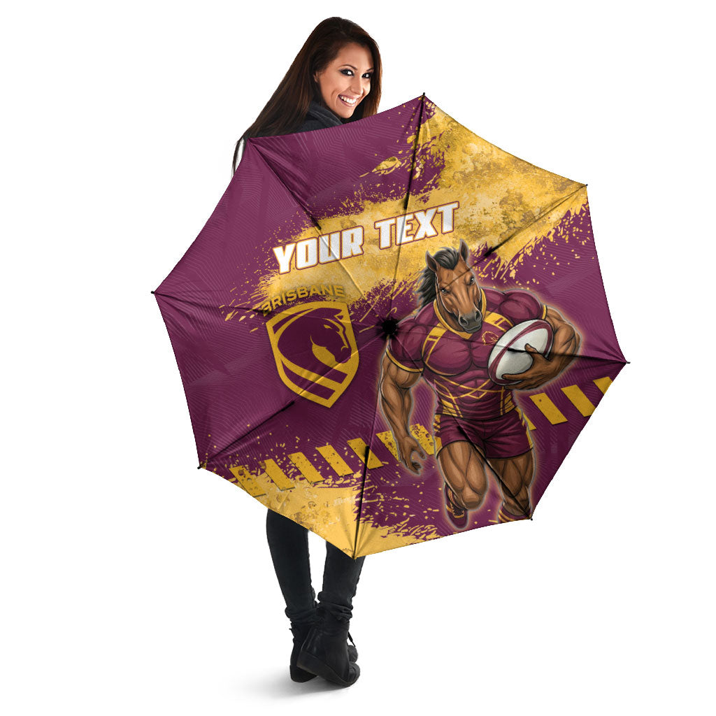 Personalised Brisbane Broncos Rugby Umbrella Bronx Mascot Grunge Maroon Gold - Sporty Splash Art Style