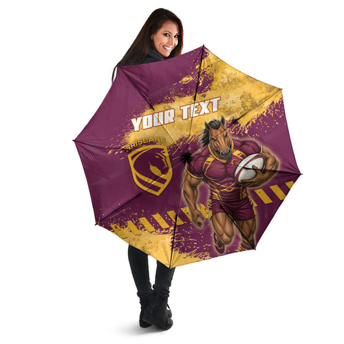 Personalised Brisbane Broncos Rugby Umbrella Bronx Mascot Grunge Maroon Gold - Sporty Splash Art Style