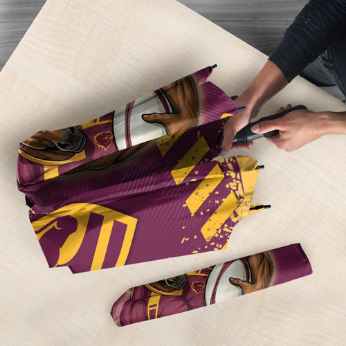 Personalised Brisbane Broncos Rugby Umbrella Bronx Mascot Grunge Maroon Gold - Sporty Splash Art Style