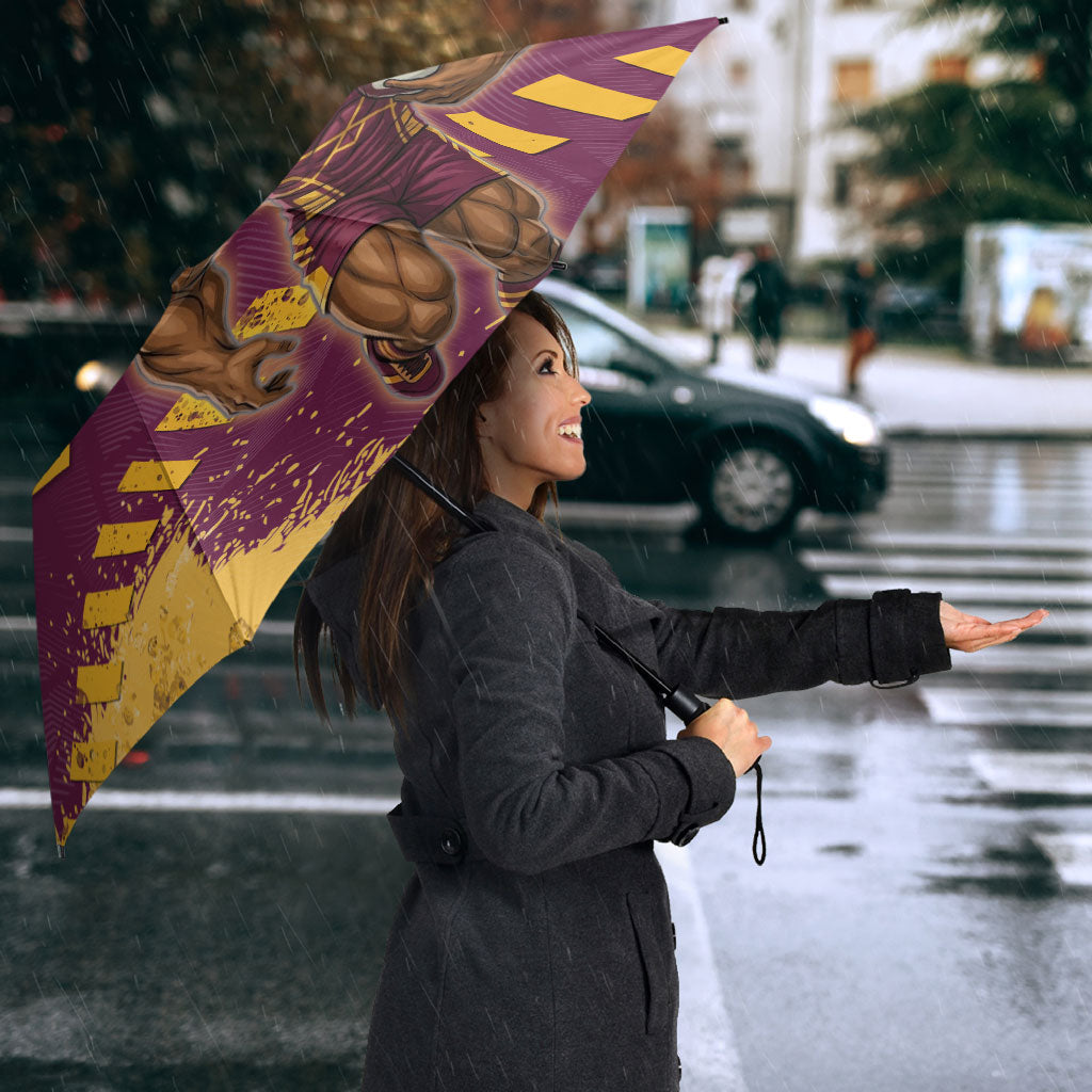 Personalised Brisbane Broncos Rugby Umbrella Bronx Mascot Grunge Maroon Gold - Sporty Splash Art Style