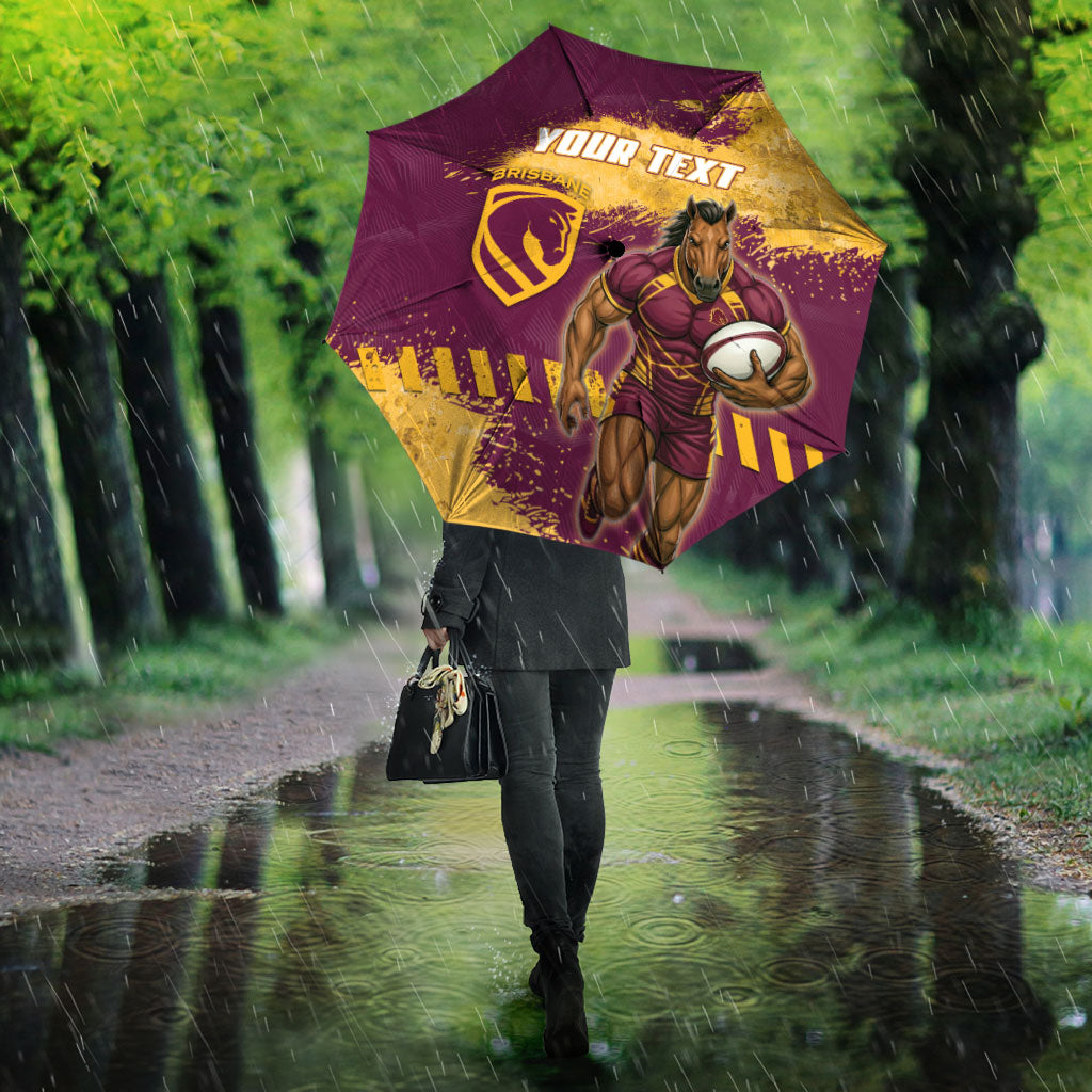 Personalised Brisbane Broncos Rugby Umbrella Bronx Mascot Grunge Maroon Gold - Sporty Splash Art Style