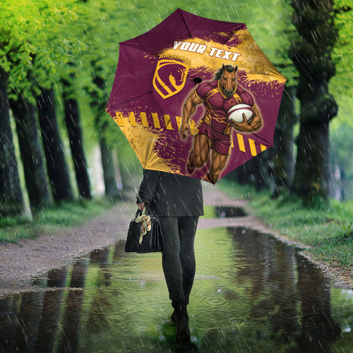 Personalised Brisbane Broncos Rugby Umbrella Bronx Mascot Grunge Maroon Gold - Sporty Splash Art Style