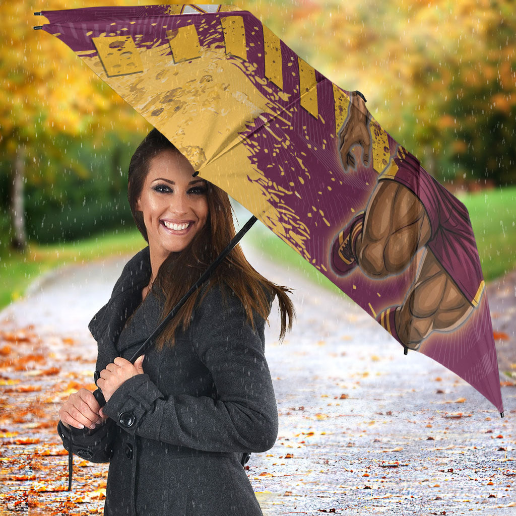 Personalised Brisbane Broncos Rugby Umbrella Bronx Mascot Grunge Maroon Gold - Sporty Splash Art Style
