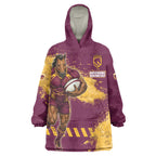 Personalised Brisbane Broncos Rugby Wearable Blanket Hoodie Bronx Mascot Grunge Maroon Gold - Sporty Splash Art Style