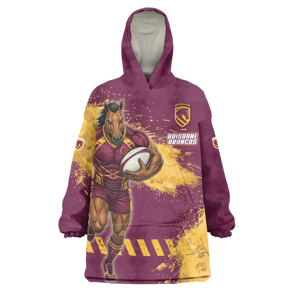 Personalised Brisbane Broncos Rugby Wearable Blanket Hoodie Bronx Mascot Grunge Maroon Gold - Sporty Splash Art Style