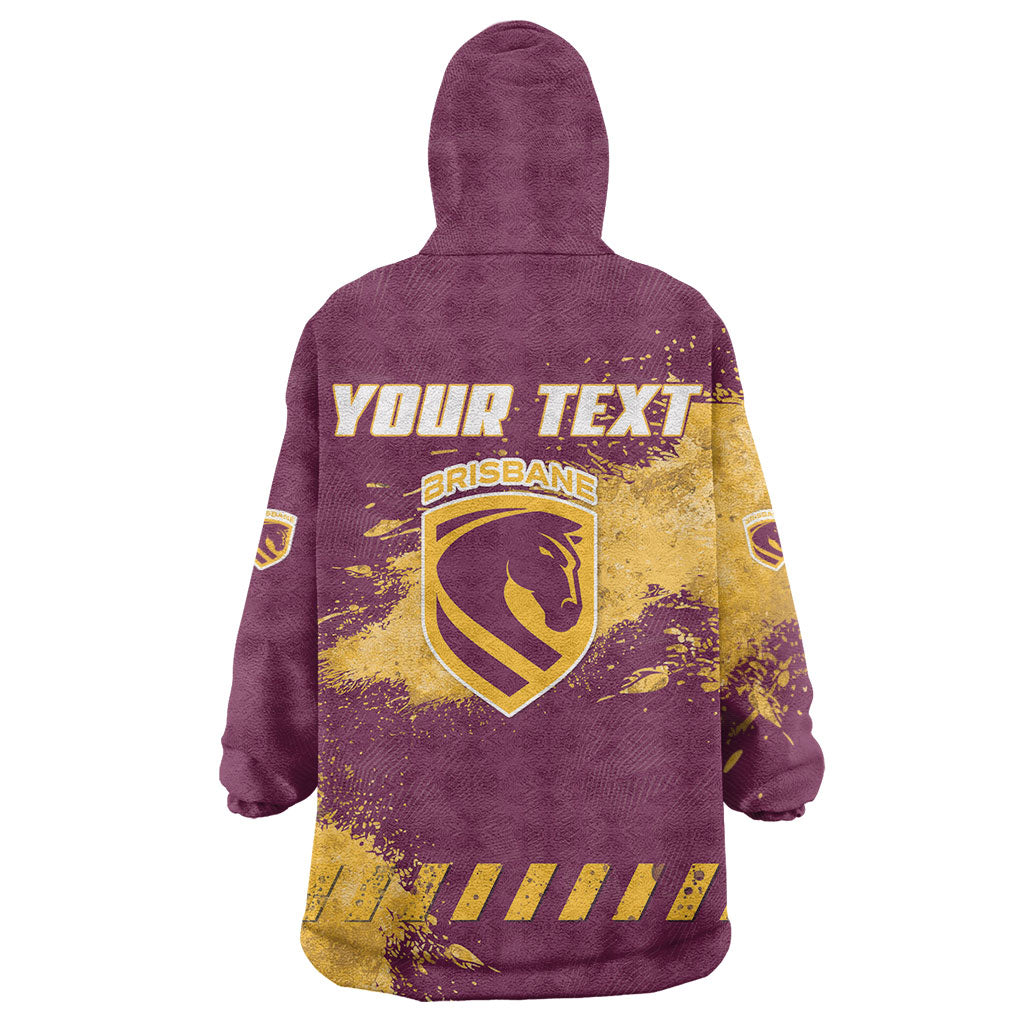 Personalised Brisbane Broncos Rugby Wearable Blanket Hoodie Bronx Mascot Grunge Maroon Gold - Sporty Splash Art Style