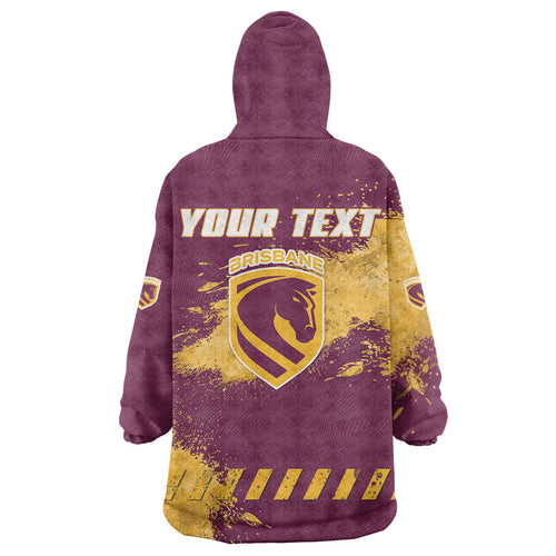 Personalised Brisbane Broncos Rugby Wearable Blanket Hoodie Bronx Mascot Grunge Maroon Gold - Sporty Splash Art Style