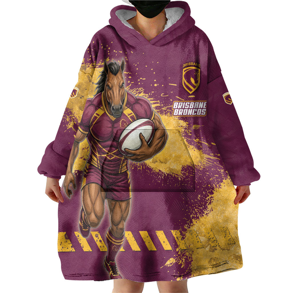 Personalised Brisbane Broncos Rugby Wearable Blanket Hoodie Bronx Mascot Grunge Maroon Gold - Sporty Splash Art Style