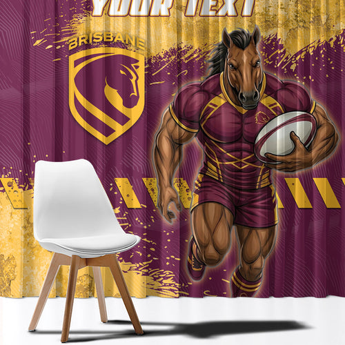 Personalised Brisbane Broncos Rugby Window Curtain Bronx Mascot Grunge Maroon Gold - Sporty Splash Art Style