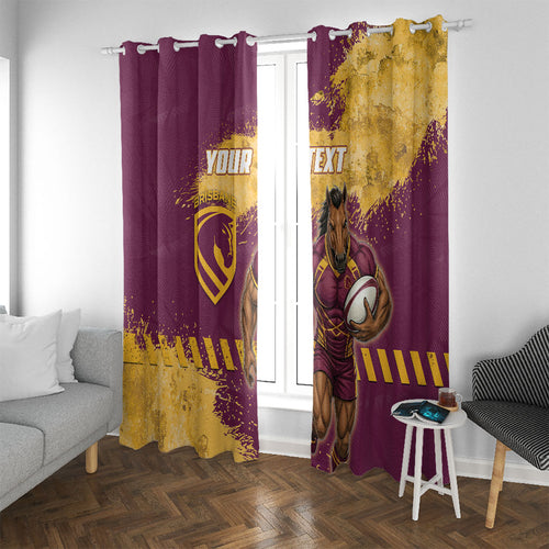 Personalised Brisbane Broncos Rugby Window Curtain Bronx Mascot Grunge Maroon Gold - Sporty Splash Art Style