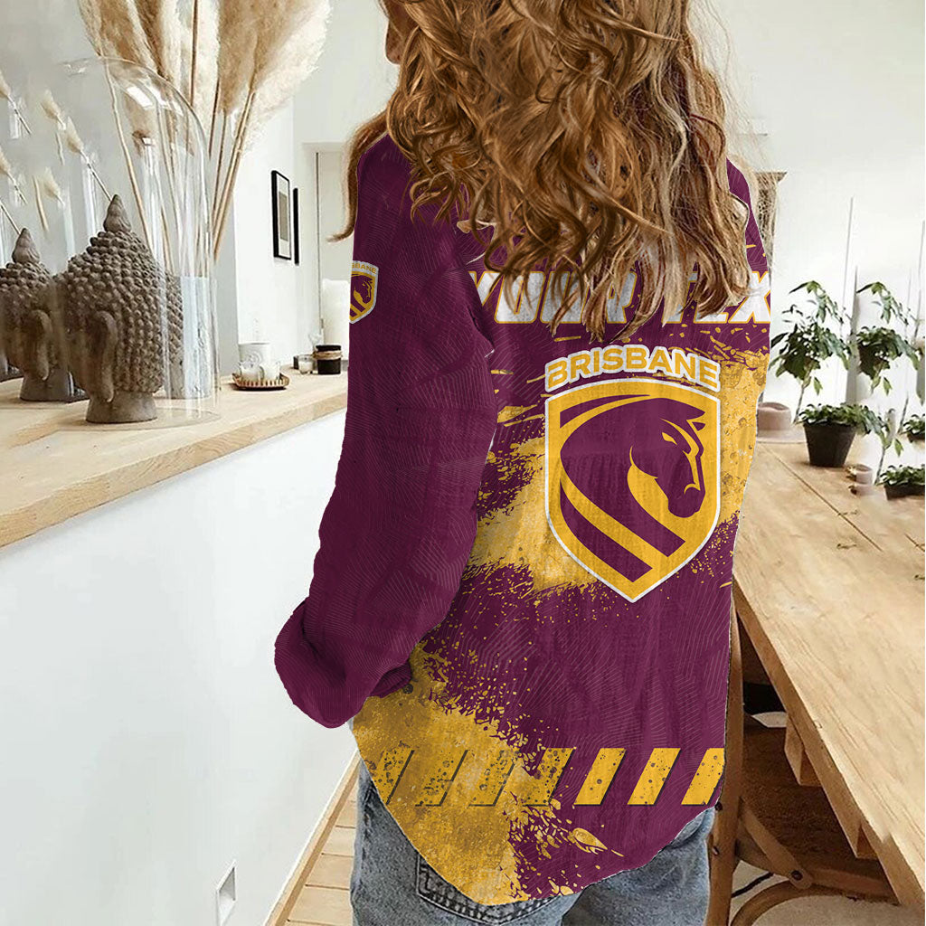 Personalised Brisbane Broncos Rugby Women Casual Shirt Bronx Mascot Grunge Maroon Gold - Sporty Splash Art Style
