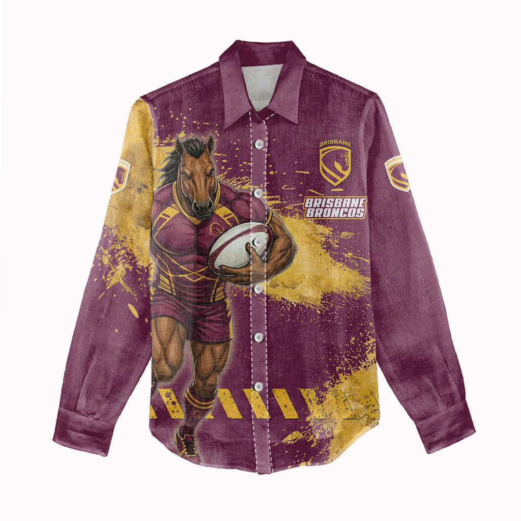 Personalised Brisbane Broncos Rugby Women Casual Shirt Bronx Mascot Grunge Maroon Gold - Sporty Splash Art Style