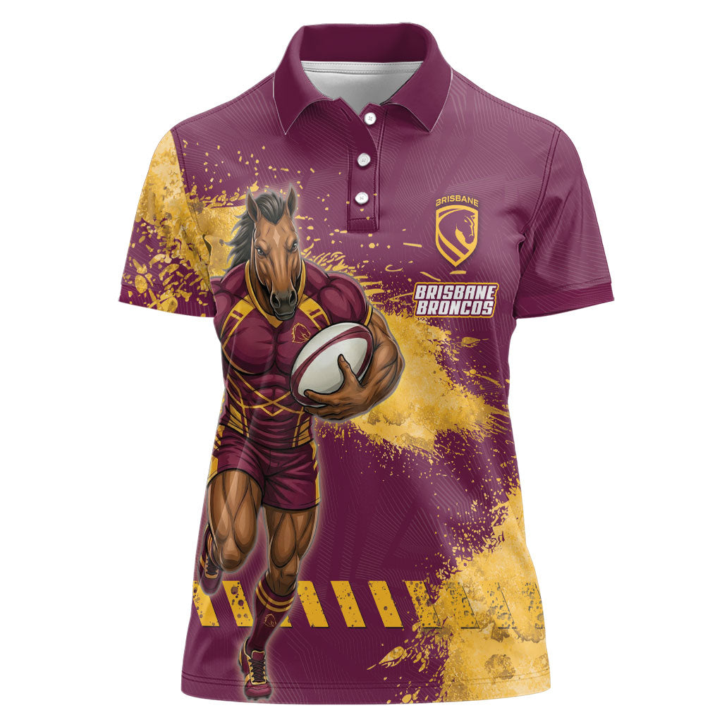 Personalised Brisbane Broncos Rugby Women Polo Shirt Bronx Mascot Grunge Maroon Gold - Sporty Splash Art Style