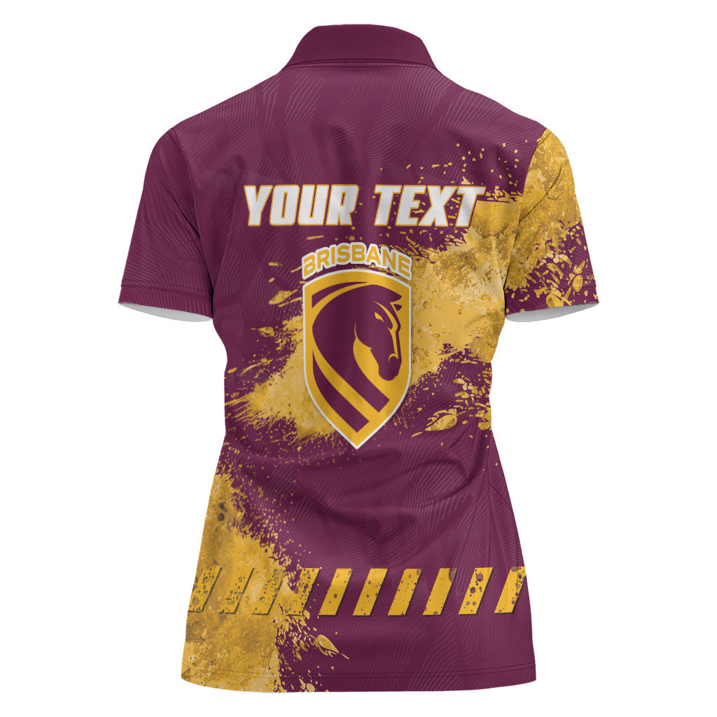 Personalised Brisbane Broncos Rugby Women Polo Shirt Bronx Mascot Grunge Maroon Gold - Sporty Splash Art Style