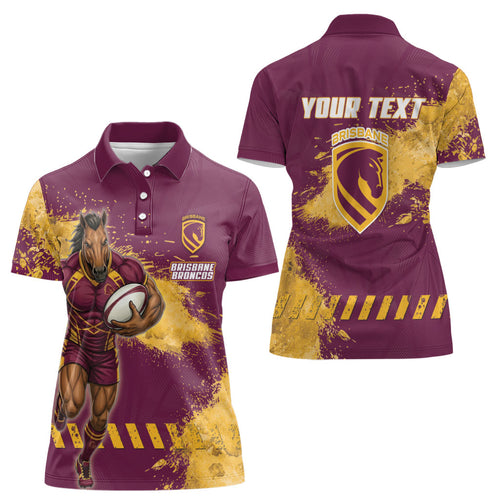 Personalised Brisbane Broncos Rugby Women Polo Shirt Bronx Mascot Grunge Maroon Gold - Sporty Splash Art Style