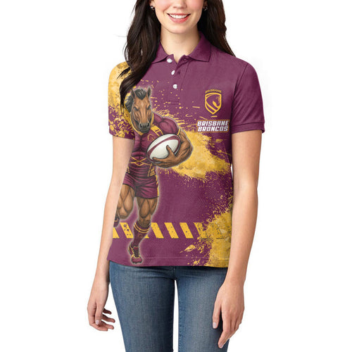 Personalised Brisbane Broncos Rugby Women Polo Shirt Bronx Mascot Grunge Maroon Gold - Sporty Splash Art Style