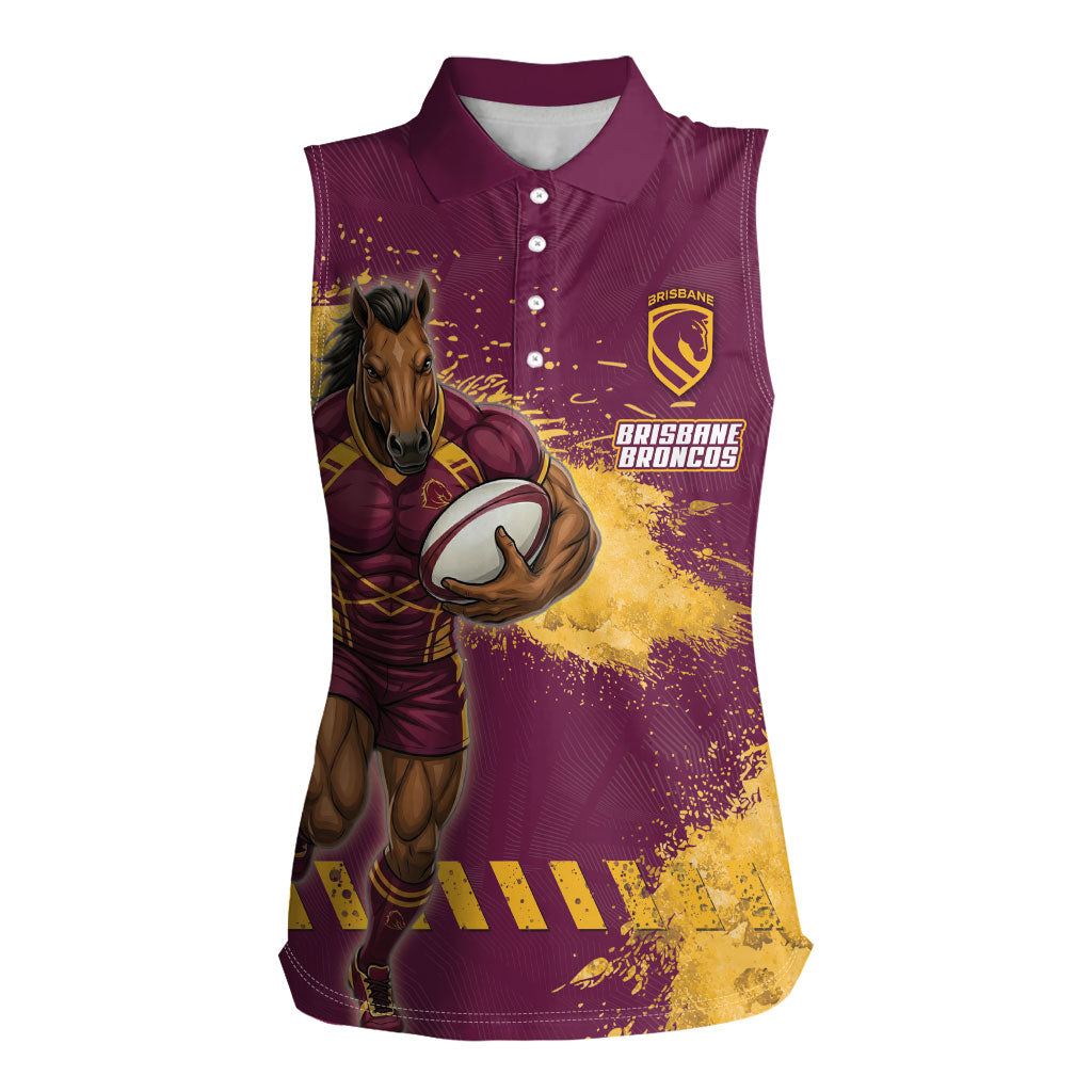 Personalised Brisbane Broncos Rugby Women Sleeveless Polo Shirt Bronx Mascot Grunge Maroon Gold - Sporty Splash Art Style
