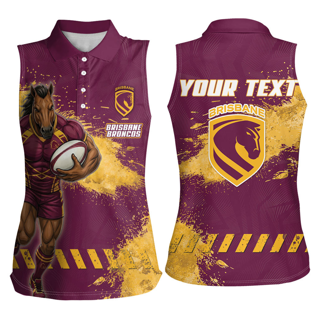 Personalised Brisbane Broncos Rugby Women Sleeveless Polo Shirt Bronx Mascot Grunge Maroon Gold - Sporty Splash Art Style