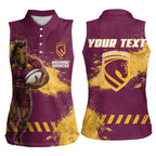 Personalised Brisbane Broncos Rugby Women Sleeveless Polo Shirt Bronx Mascot Grunge Maroon Gold - Sporty Splash Art Style