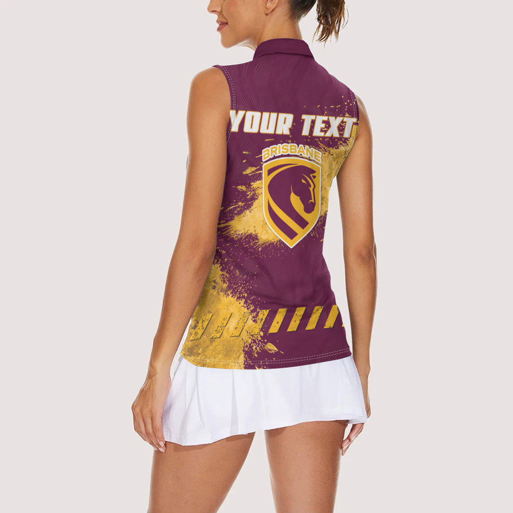 Personalised Brisbane Broncos Rugby Women Sleeveless Polo Shirt Bronx Mascot Grunge Maroon Gold - Sporty Splash Art Style