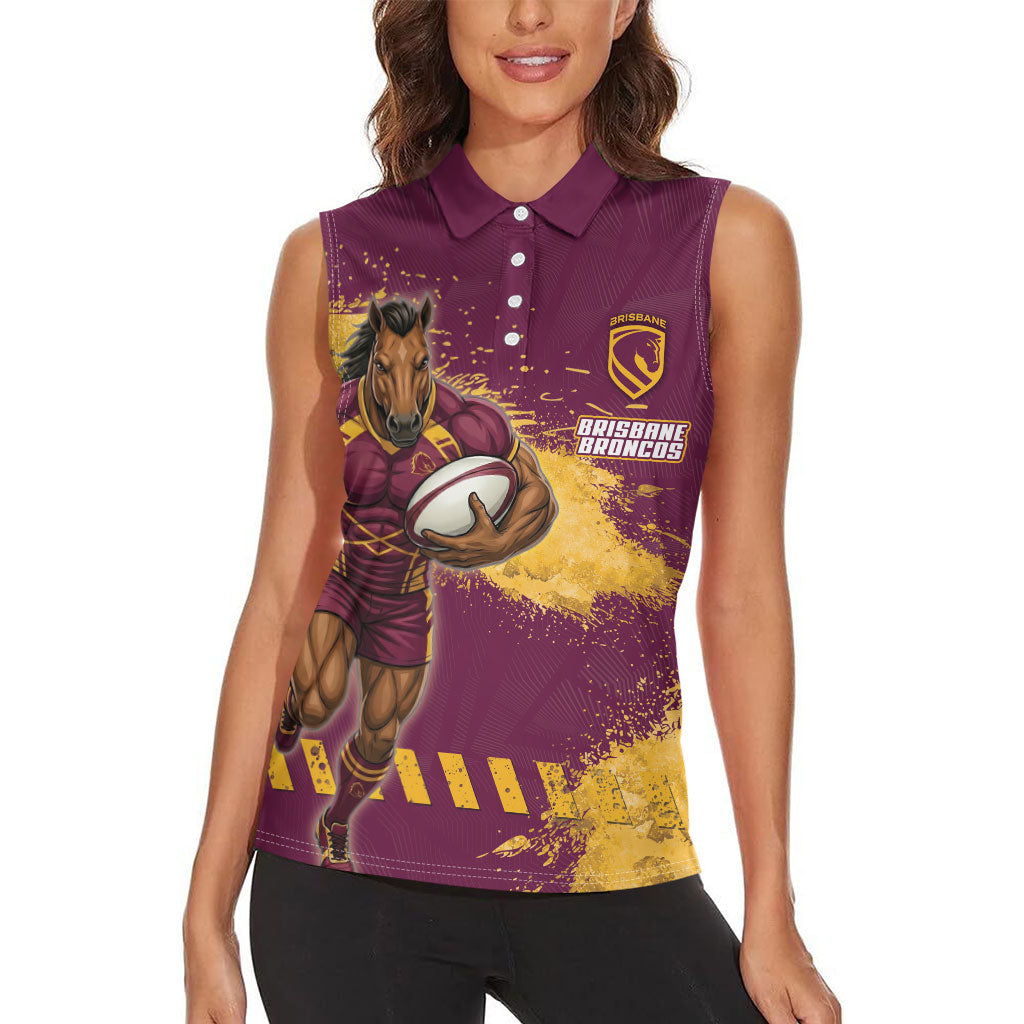 Personalised Brisbane Broncos Rugby Women Sleeveless Polo Shirt Bronx Mascot Grunge Maroon Gold - Sporty Splash Art Style