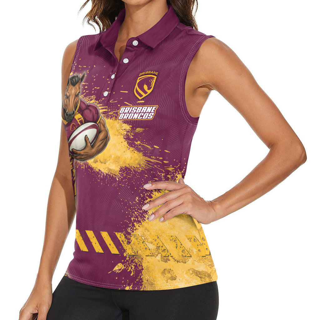 Personalised Brisbane Broncos Rugby Women Sleeveless Polo Shirt Bronx Mascot Grunge Maroon Gold - Sporty Splash Art Style