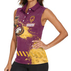 Personalised Brisbane Broncos Rugby Women Sleeveless Polo Shirt Bronx Mascot Grunge Maroon Gold - Sporty Splash Art Style