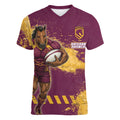 Personalised Brisbane Broncos Rugby Women V-Neck T-Shirt Bronx Mascot Grunge Maroon Gold - Sporty Splash Art Style