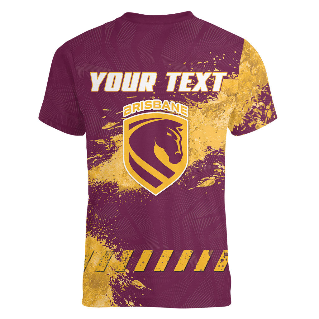 Personalised Brisbane Broncos Rugby Women V-Neck T-Shirt Bronx Mascot Grunge Maroon Gold - Sporty Splash Art Style