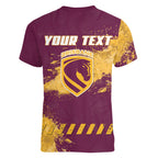 Personalised Brisbane Broncos Rugby Women V-Neck T-Shirt Bronx Mascot Grunge Maroon Gold - Sporty Splash Art Style